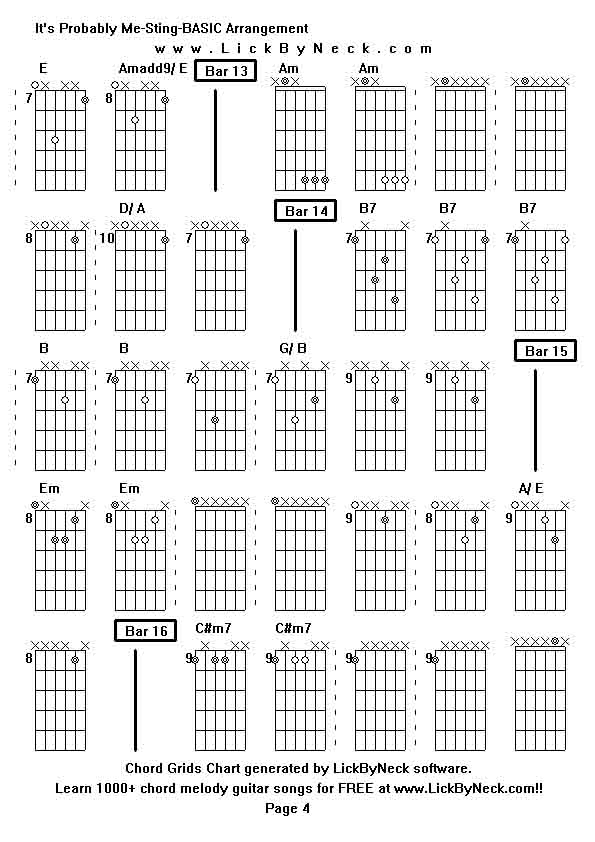 Chord Grids Chart of chord melody fingerstyle guitar song-It's Probably Me-Sting-BASIC Arrangement,generated by LickByNeck software.